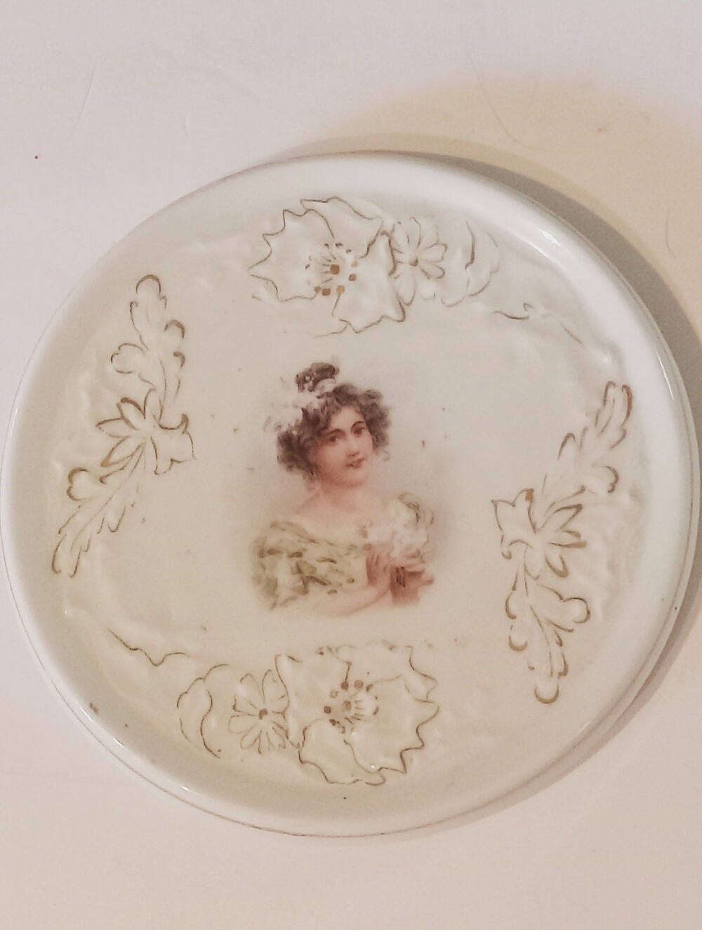 Victorian Style Tea Tile Transferware Girl Holding Flowers